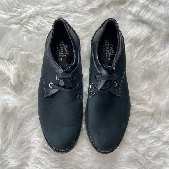 Hermes | Men’s Black Nubuck Suede Leather Derby Shoe Lace-Up Classic Daily Flats - Picture 5 of 10